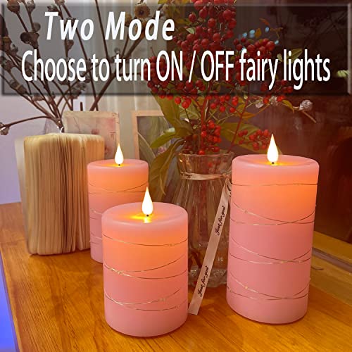 Pink Flameless Candles with String Lights Battery Operated Flickering LED Pillar Candles 4‘’ 5‘’ 6‘’ Candle with Remote Control, Set of 3 - size: Pink - 3 Pack