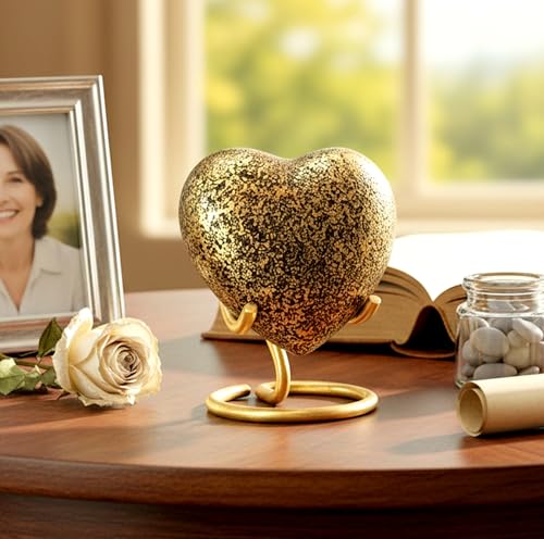 Esplanade Heart Shape Cremation Urn Memorial Container Jar Pot | Metal Urns | Memorial Keepsake Urns | Memorial Jar Pot Container, Small Urn Ashes Burial, Metal Keepsake with Stand - color: Golden