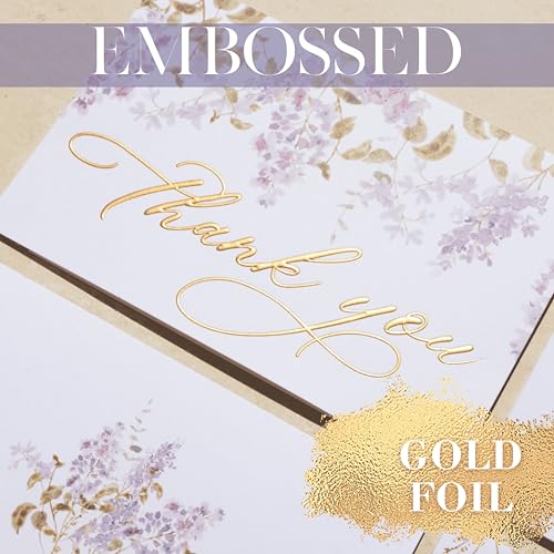 NUOERP Blank Thank You Cards With Envelopes, 30 Pack - 2 Elegant Floral Designs Foil Wedding Thank You Cards With Envelopes - For Baby Shower Card, Birthday Card, Bridal Shower Card, Wedding Card, Flower Card - Blank Inside - color: Purple Floral Gold Foi