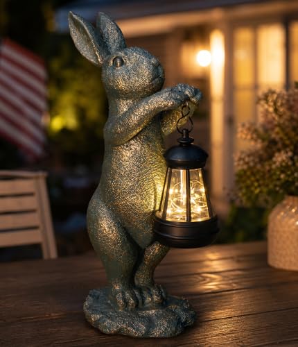 C&Y&G&X Garden Statue Rabbit with Solar Lantern - Outdoor Bunny Figurine Decor with LED Lights, Weather-Resistant Resin Animal Yard Art Sculpture for Patio, Lawn, Pathway, and Housewarming Gift - color: Bronze Rabbit