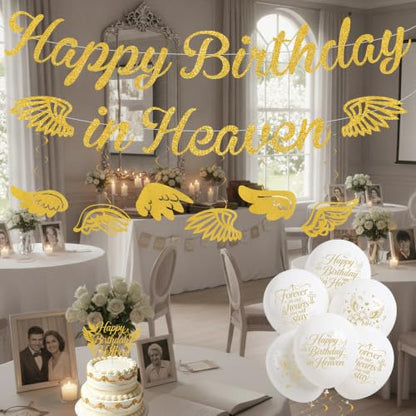 Happy Birthday in Heaven Decorations, Gold Glitter Heavensent Banner Set | Pre-strung Banners, Angel Wings Hanging Swirls Cake Topper White Balloons, Funeral Remembrance Heavenly Party Supplies - color: Gold
