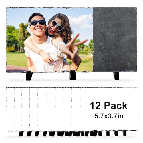 12 Pcs Sublimation Slate Blanks 5.7"x3.7", Sublimation Plaque Photo Slate Rock Stone Picture Frame Blanks Bulk with Display Stand for Gifts Memorials Desktop, Individually Packaged, Rectangular - size: 4"x6"(12 pcs)