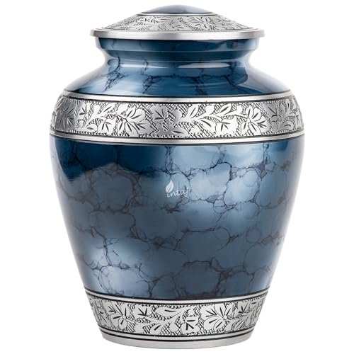 Cloud Blue Aluminum Cremation Urn for Human Ashes - Adult 200 lbs Capacity, Threaded Lid Metal Funeral Urn - Decorative Memorial Container for Burial or Niche, Secure & Lightweight Casket Urn - color: Brushed Blue