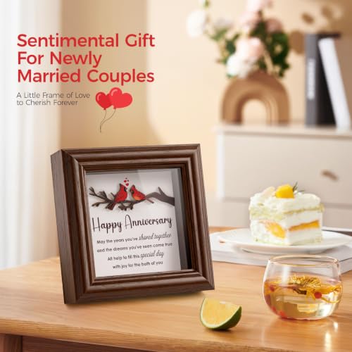 LukieJac Anniversary Cardinal Gifts for Couple - Romantic Anniversario Gift Ideas Wooden Shadow Box Frame for Friends, Sister, Parents, Couples, Grandparents Anniversary Keepsake - color: Cardinal - Happy Anniversary