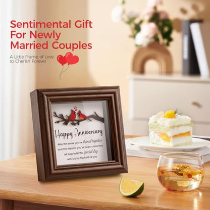 LukieJac Anniversary Cardinal Gifts for Couple - Romantic Anniversario Gift Ideas Wooden Shadow Box Frame for Friends, Sister, Parents, Couples, Grandparents Anniversary Keepsake - color: Cardinal - Happy Anniversary