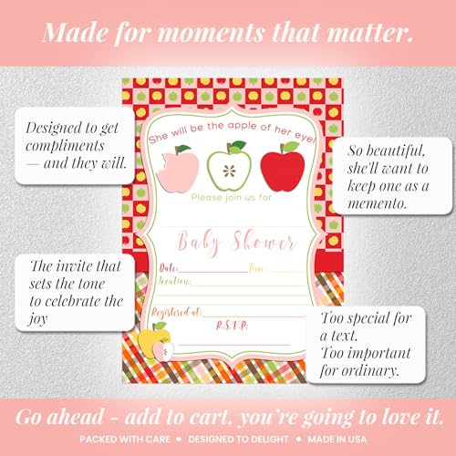 Apple of My Eye Baby Shower Girl Invitations, 20 5x7 Fill In Cards with Twenty White Envelopes by AmandaCreation™ - style: Apple of My Eye Girl