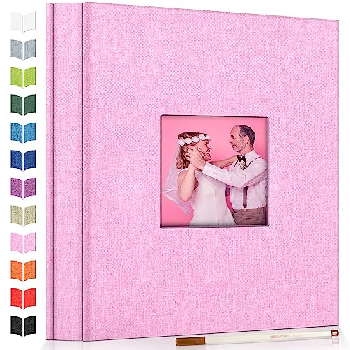 Artfeel Photo Album Self Adhesive Scrapbook Album for 3x5 4x6 5x7 8x10 Pictures,60 Pages Linen Cover with Display Window DIY Photo Book,Ideal Gifts for Family Travel Wedding Baby - color: Pink, size: 11.5"x10.5" 60pages