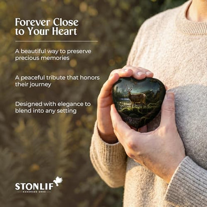 Deer Keepsake Heart Cremation Urn for Human Ashes – Small Aluminum Memorial Burial Urn for Men & Women, Rustic Decorative Home Display - Small Keepsake Heart - size: Small Heart