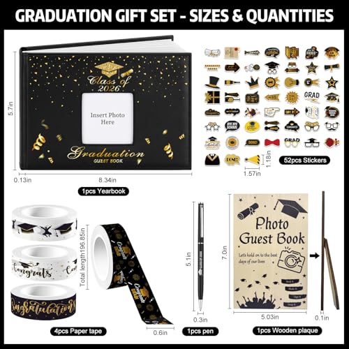 8 pcs Graduation Guest Book Photo Sign Decorations in Book 80 Pages | with Pen Stickers Washi Tape Wooden Stand Signature Scrapbook for College Gifts