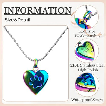 Paw Print Heart Pet Ashes Urn Necklace, Keepsake Pendant-Rainbow - style: Rainbow