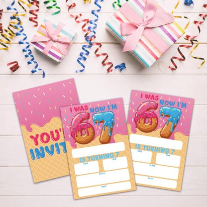 Donut 7th Birthday Invitation Cards with Envelopes, 20 Pack 4x6 Fill-In Party Invites for Girls Boys, Ice Cream Theme Kids Birthday Party Supplies - B07 - color: 6 7 Donut