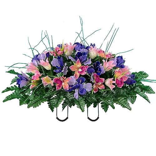 Artificial Cemetery Flowers - Grave Decoration - Cream Pink Tulips and Purple Iris (1) Headstone Saddle - color: Pink/Purple, size: (1) Saddle