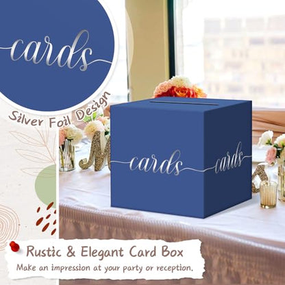 Elegant Card Box for Party, Silver Foil Graduation Card Box, Navy Blue - color: Blue and Silver Foil