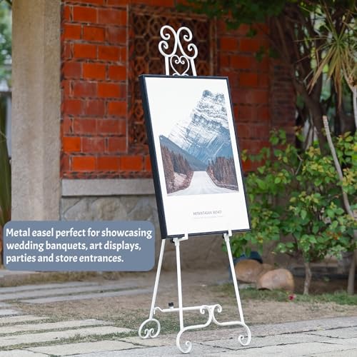 Heavy Duty Easel Stand for Wedding Sign, Adjustable Metal Display Easel | Durable metal, Scroll Design, Holds 56lbs, Adjustable Heightangle, Foldable Flat for Storage, White Matte Finish, No Assembly - style: Scroll-White