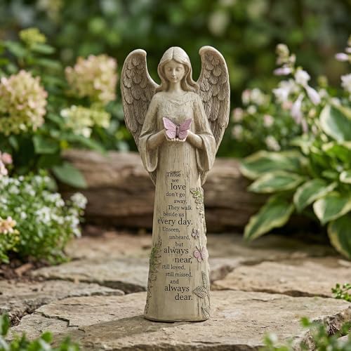 Topadorn 10" Memorial Angel Statue with Butterfly | Sympathy Gift for Loss of Loved One, Resin Angel Memorial Garden Decor Figurine for Garden, Patio & Home - color: Pink