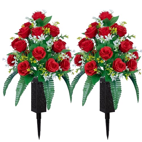 DONODA 2 Sets of Artificial Cemetery Flowers， Outdoor Grave Decorations Roses，Accompanied by 2 Long Nail Vases，Lasting and Non-Bleed Colors. (18 Heads (red)) - color: 18 Heads (Red)
