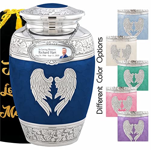 Personalized Medallion Deep Blue Angel Wings Cremation Urns for Adult Ashes Male - 200lbs Burial Urns for Human Ashes - Handcrafted Funeral Decorative Urns for Ashes Adult Female with Velvet Bag - color: Deep Blue Angel Wings Free Personalized Medallion