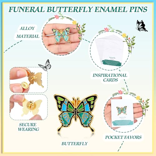 60 Sets Funeral Favors for Guests Butterfly Enamel Lapel Pins with Prayer Poem Memorial Cards Celebration of Life Gifts - color: Green, style: Classic