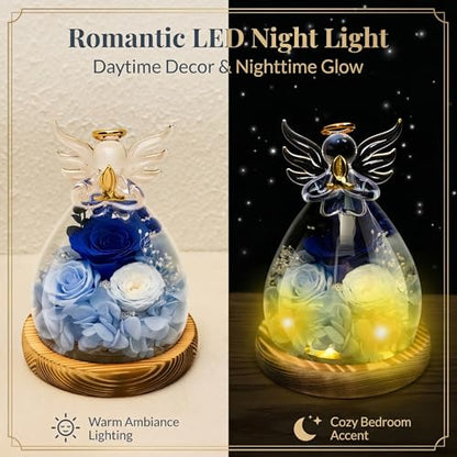 Angel Rose Figurine with LED Lights - Real Preserved Eternal Rose in Glass Dome, Forever Flowers Gift for Women, Birthday Valentine's Wedding - color: Cobalt Velvet Rose