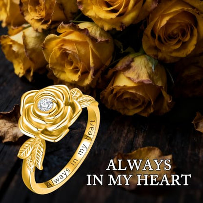 925 Sterling Silver Rose Flower Cremation Urn Ring Holds Loved Ones Ashes Cremation Keepsake Ring Jewelry Embellished with Crystals from Austria - color: Gold