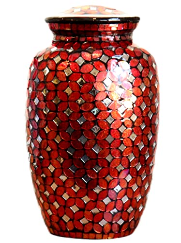 Mosaic Glass Cremation Urn - Hand Made Funeral Urn for Human Ashes - Large Adult Size Burial Urn - Hand Applied Individual Tiles Create a one of a Kind Work of Art - 200 cu in (Red) - color: Red