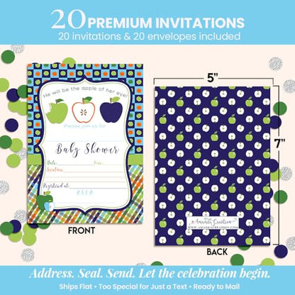 Apple of My Eye Baby Shower Boy Invitations, 20 5x7 Fill In Cards with Twenty White Envelopes by AmandaCreation™ - style: Apple of My Eye Boy