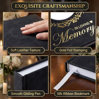 ArtSocket Funeral Guest Book for Memorial Black Leather with Gold Foil | for Funerals Elegant Celebration of Life and Loving Memorial Complete with Pen and Table Sign