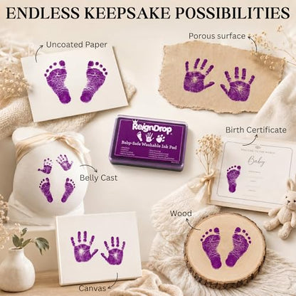 ReignDrop Baby Ink Pad for Hand and Footprints, Non-Toxic Acid-Free Keepsake Kit, Smudge-Proof Archival Ink Wipes Off Skin, for Scrapbook, Photo Album, Frames & Pet Paws, Baby Gift (Purple) - color: Purple