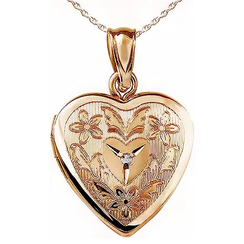 PicturesOnGold.com 14K Gold Filled Floral Heart Photo Locket with Diamond - 3/4 inch x 3/4 inch - Includes 18 inch Chain - style: Locket + 2 Photos