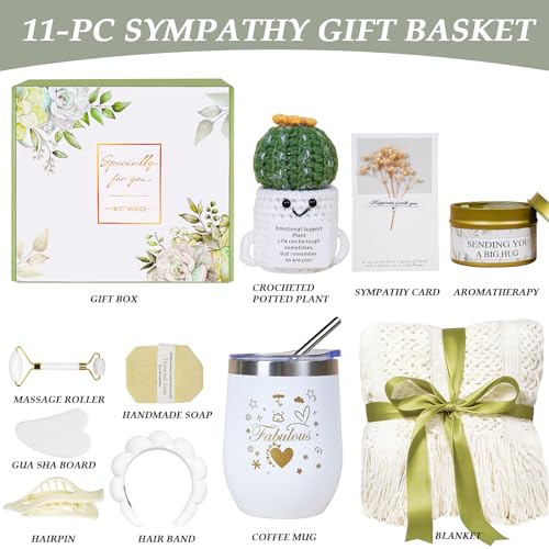 Mother's Day Gift Basket for Women, 11-Piece Self Care Spa Gift Set with Cozy Blanket in Elegant Gift Box, Thinking of You, Get Well Soon and Sympathy Gifts for Mom, Wife, Sister