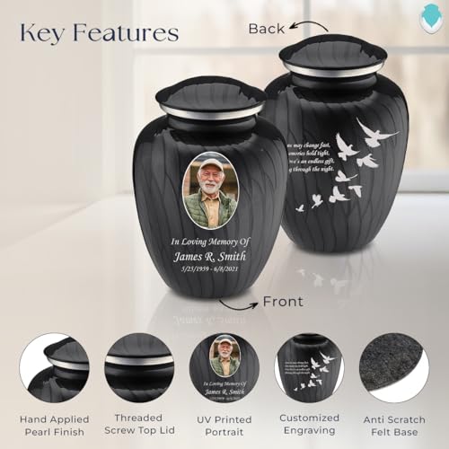 Geturns Embrace Adult Personalized Doves Cremation Urns for Human Ashes I Large Picture Pearl Black Funeral Urn for Adult Men and Women with Double Side Engraving I 200 lbs - color: _Pearl Black (Double Sided)