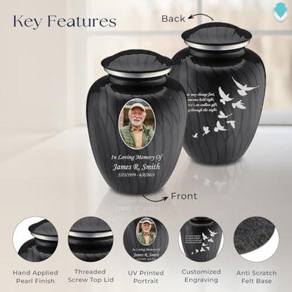 Geturns Embrace Adult Personalized Doves Cremation Urns for Human Ashes I Large Picture Pearl Black Funeral Urn for Adult Men and Women with Double Side Engraving I 200 lbs - color: _Pearl Black (Double Sided)