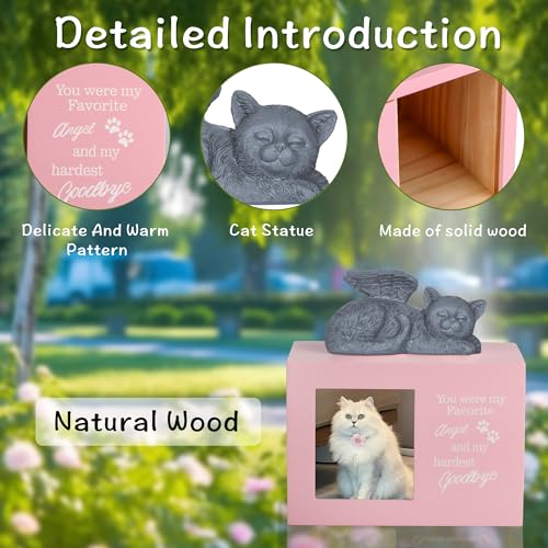 Cat Urns for Ashes, Pink Wooden Keepsake with Photo Frame