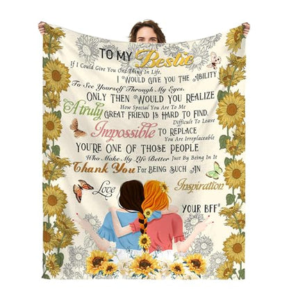 to My Bestie Throw Blanket, Sunflower Girl Silhouette with Heartfelt Quote, Soft Flannel Blanket, Birthday, Mother's Day, Christmas & Friendship Day 50x60 Inch - color: Friend-3