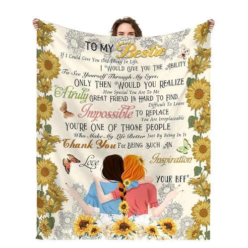 to My Bestie Throw Blanket, Sunflower Girl Silhouette with Heartfelt Quote, Soft Flannel Blanket, Birthday, Mother's Day, Christmas & Friendship Day 50x60 Inch - color: Friend-3