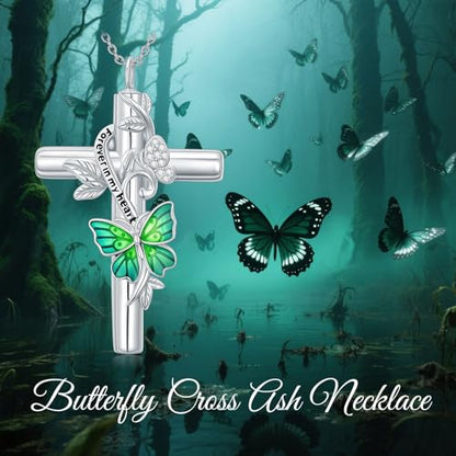 SOULMEET Enamel Butterfly Cross Urn Necklace for Ashes, Cross Moissanite Butterfly Ashes Necklaces with Forever in My Heart Engraved Keepsake Cremation Locket Jewelry for Women Men - color: D-Green, style: Custom Engraved