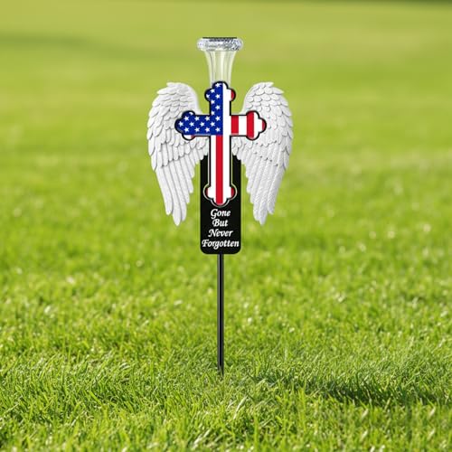 Solar Memorial Cross with Angel Wings - Patriotic American Flag Cemetery Decorations - 2026 USA 250th Anniversary Veteran Grave Marker, Father's Day Tribute - style: Angel wings