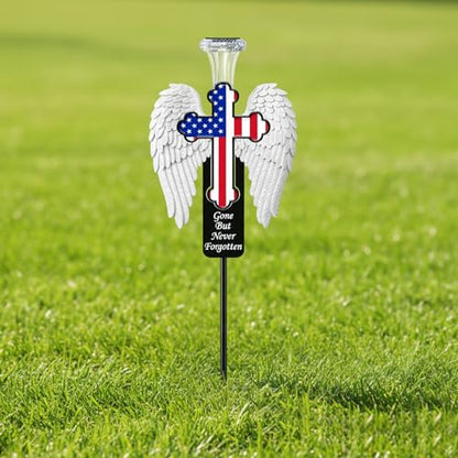Solar Memorial Cross with Angel Wings - Patriotic American Flag Cemetery Decorations - 2026 USA 250th Anniversary Veteran Grave Marker, Father's Day Tribute - style: Angel wings