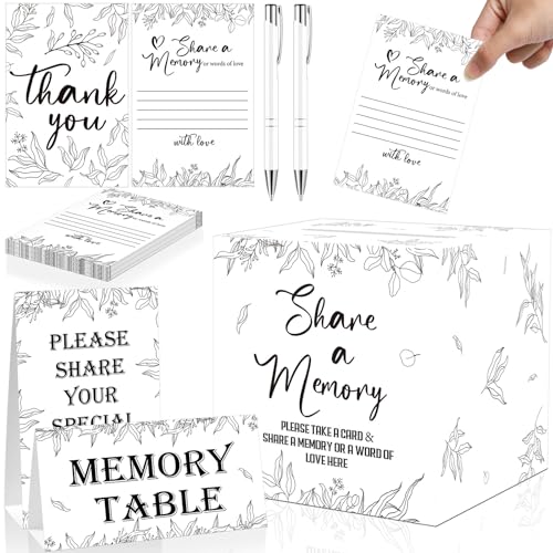 gisgfim 56 Pcs Share a Memory Cards Funeral Memory Cards Box Memory Table Signs Funeral Decorations Memorial Cards with Signature Pen for Funeral Favor Celebration of Life, Memorial Service, Birthday - style: White