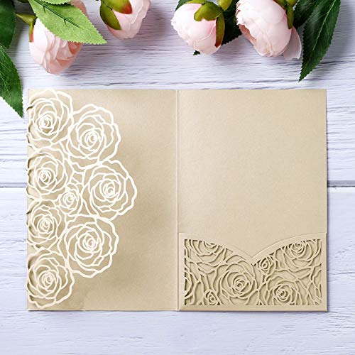 20 Pcs Laser Cut Wedding Invitations Card Pocket with Envelope for Birthday Party Baby or Bride Shower Invite suitable for 5 * 7 Inches Insert Paper (Champagne) - color: Champagne