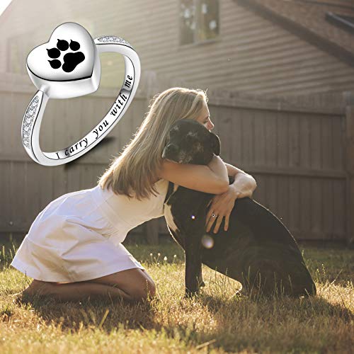 Fookduoduo 925 Sterling Silver Paw Print Urn for Ashes I Carry You with me Cremation Jewelry Dog Cat Claw Urn Finger Ring for Pet Lovers - color: black