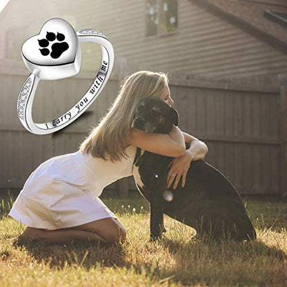 Fookduoduo 925 Sterling Silver Paw Print Urn for Ashes I Carry You with me Cremation Jewelry Dog Cat Claw Urn Finger Ring for Pet Lovers - color: black