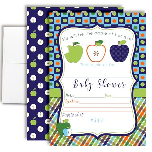 Apple of My Eye Baby Shower Boy Invitations, 20 5x7 Fill In Cards with Twenty White Envelopes by AmandaCreation™ - style: Apple of My Eye Boy