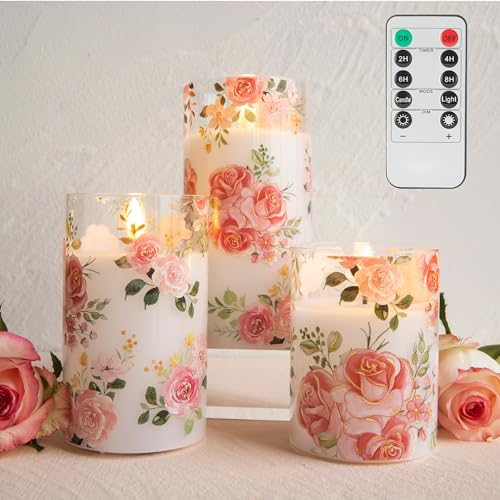 LUSHARBOR Flameless Rose Candles Glass, Pink Floral Battery Remote Candles | Romantic Pink Rose LED Candles Set of 3, Valentine's Day Fake battery Candles Gift Home Table Mantel Decor - color: Rose-Glass