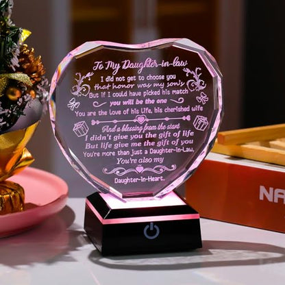 Arikyrist Daughter in Law Gifts Crystal Heart Keepsake with LED Light Base | Unique Daughter in Law Gifts from Mother in Law, on Birthday Anniversary Christmas Mothers Day Valentines Day, Home Decor - color: Daughter-in-Law