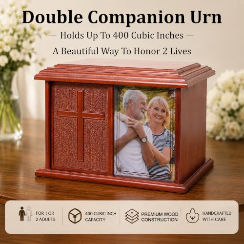 Double Companion Urn for 2 Adults Holds Up to 400 Cubic Inches Wooden Cremation Urn for Human Ashes with 4 x 6 Photo Frame Carved Cross Memorial Urn for Husband Wife Parents
