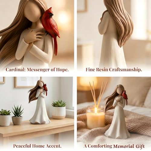 Memorial Angel Figurines with Red Cardinal, Hand-Painted Resin Angel Statue Sympathy Gift for Loss of Loved One, Bereavement Keepsake Angel Sculpture Gifts for Women, Mom, Sister, Friends