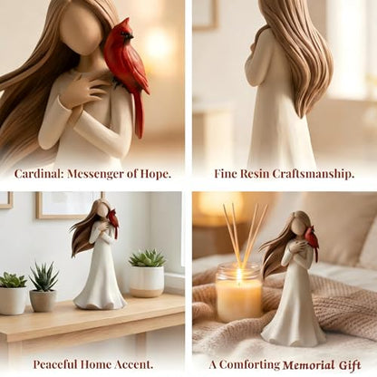 Memorial Angel Figurines with Red Cardinal, Hand-Painted Resin Angel Statue Sympathy Gift for Loss of Loved One, Bereavement Keepsake Angel Sculpture Gifts for Women, Mom, Sister, Friends
