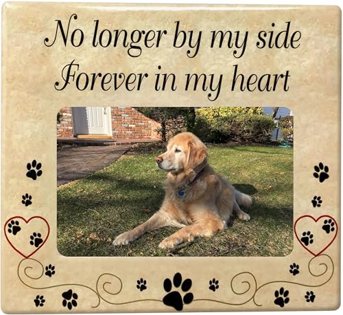 Pet Memorial Picture Frame, Ceramic Pet Loss Gift with Sympathy Quote “No Longer By My Side Forever In My Heart” – Dog & Cat Memorial Photo Frame for Rainbow Bridge Remembrance – 8” x 7.25” - size: 1 pack