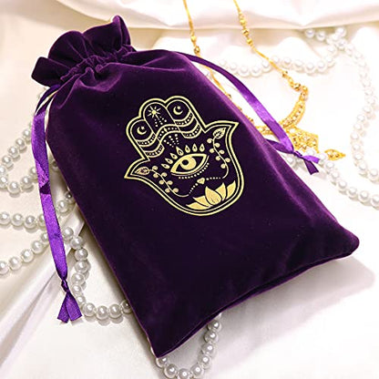 ARTSY CRAFTS 6x9" Hamsa Hand Velvet Jewelry Pouch Gift Bags, Fatima Hand Evil Eye Velvet Drawstring Oracle Tarot Card Rune bags Dice Bag (Eggplant Purple) - color: Eggplant Purple